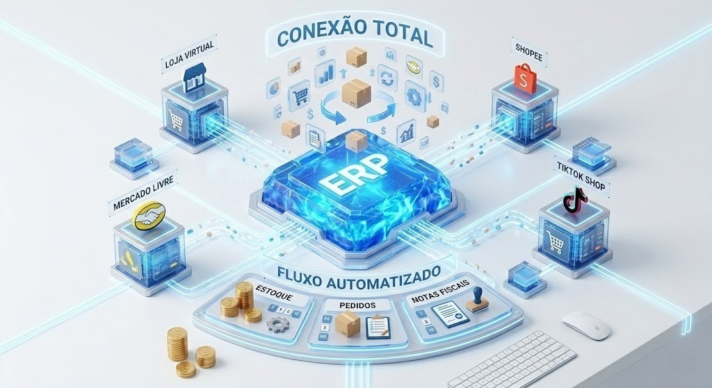 Fluxo automatizado: estoque, pedidos, notas fiscais, financeiro, loja virtual e marketplaces
